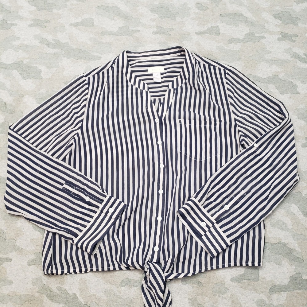 Chico's Top Womens 0 Blue Striped Long Sleeve Button-Up